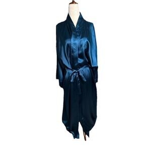 Christian Dior Vintage‎ Women’s Robe Size Large Teal Blue Satin Long Belted
